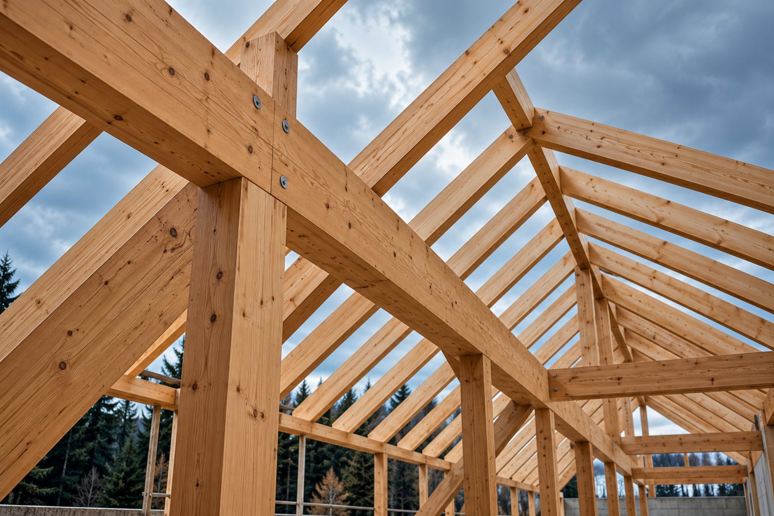 Architekturvisualisierung einer präzisen Holzkonstruktion mit sichtbaren Balken und Sparren